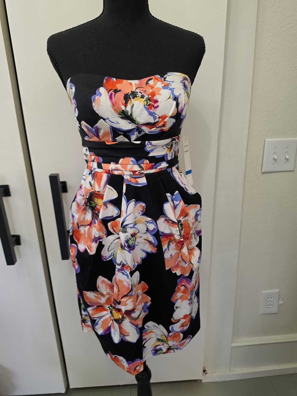 Snap Strapless Black Dress with Coral & White Floral Print